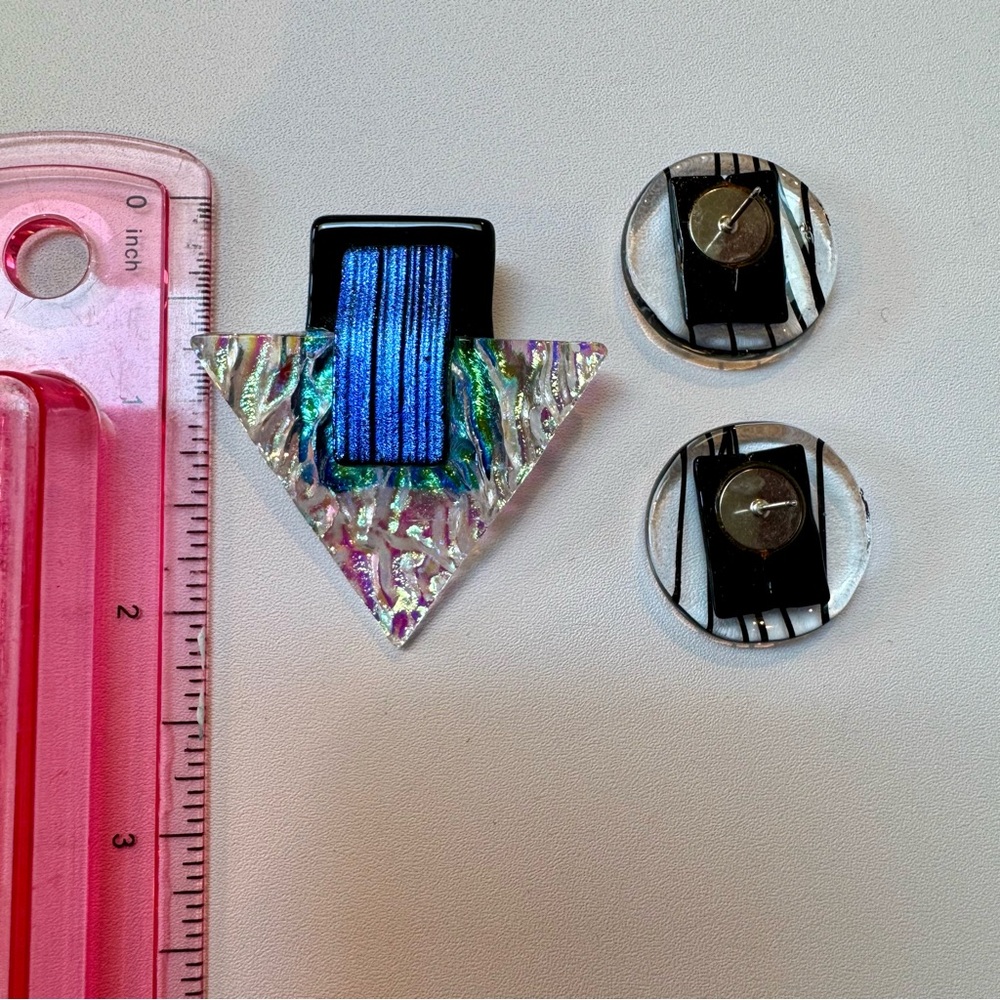 Iridescent Dichroic Glass Brooch and Earring Set with Blue and Black Accents - Picture 5 of 9